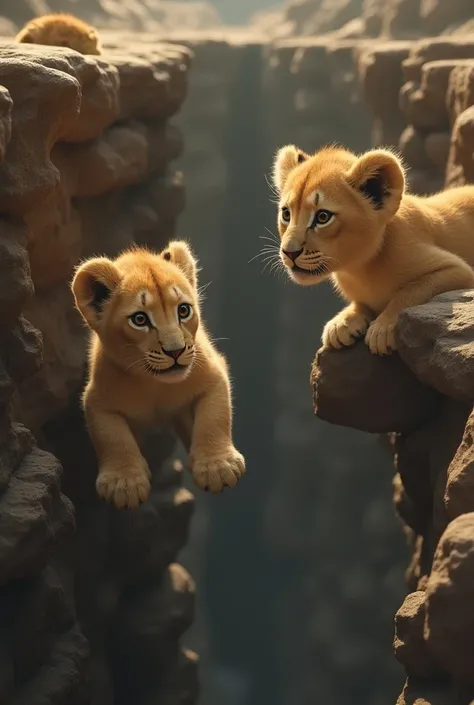 Realistic image of One baby lion fell from the chasm and another baby lion was seen him  from the chasm edge.