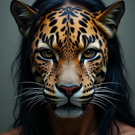 Create an image of an Indians face and half the face of a jaguars