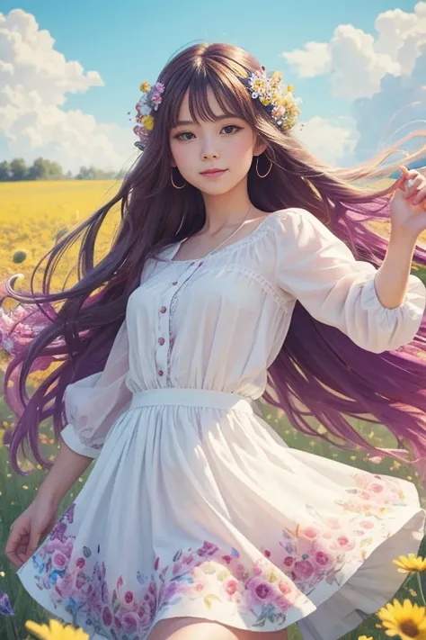 A whimsical girl with long, flowing hair made of flowers, dancing in a field of vibrant colors. Rendered in a dreamy, watercolor style.


