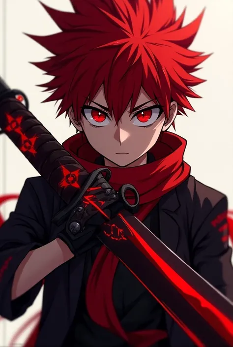 An anime-style boy character with striking red hair, styled in a spiky and slightly tousled manner. The character has intense red eyes that convey a sense of determination and mystery. He is dressed in a dark outfit with red accents, including a red and bl...