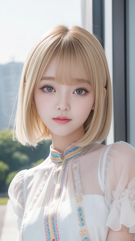 White and radiant skin、Bangs on the face、Long eyelashes、A strong wind blows my hair in front of my face、Beautiful big sparkling eyes, Cute and beautiful eyes hidden behind long bangs、No visible nasolabial folds、Short micro mini skirt、Multicolored patterned...