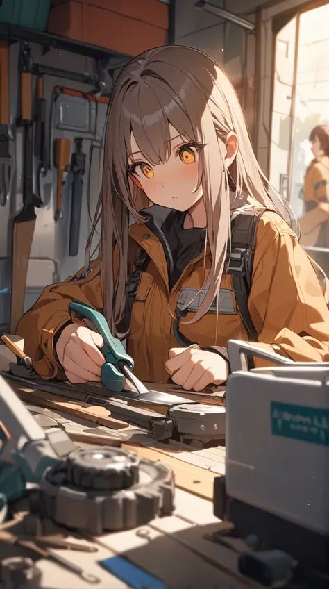 One Girl、Thoughtful expression、Sparkling Eyes、Long Hair、Mechanic&#39;s uniform、Hall々A positive attitude、Small breasts、 holding tools in hand 、  
break、  
Twilight、（ Soft Focus :1.3）、 Warm Tones 、 atmosphere of servicing tanks、 artistic details 、 serious im...