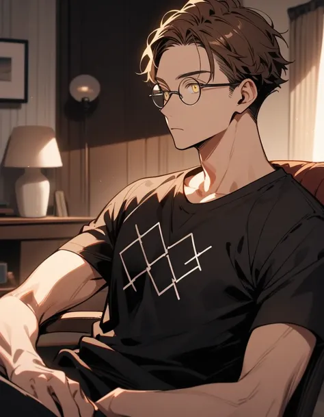 One Person, Half Body, Adult Male, Brown Hair, Short Hair, Light Yellow Eyes, Round Glasses, Black shirt, Living room, Rune Motif on shirt, sit on chair, 