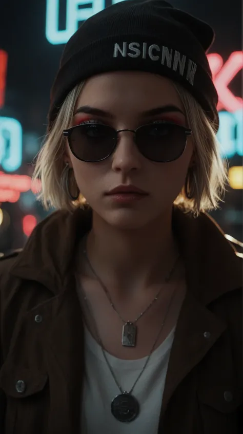 Face close up, alternative girl, watching over black sunglasses, jacket, necklace, neon light reflections on skin, ear ring, makeup, skin imperfection, short hair, beanie, neon lights background, low light, depth of field, highly detailed, high contrast, f...