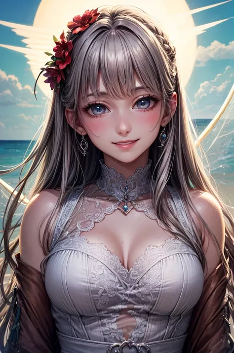 full body,Its like a fairy , background is also firm and high image quality ,background 3 :Character 1,Best Qualityの本物のテクスチャ加工された肌, Delicate Facial Features , round symmetrical eyes ,A gentle and beautiful expression , long and fluffy perm silver gray hair...