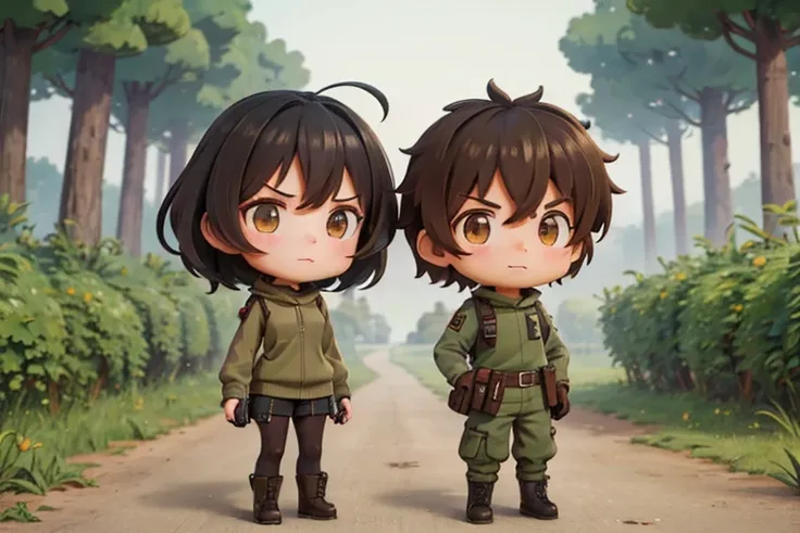 masterpiece; Style: daily; necessary background: Nature of Russia, middle lane, random landscape; dresscode: dark green sweatshirt, camuflage cargo pants, military boots, fingerless gloves, black lether backpack; Characters: 1 like a girl boy and 1 like a ...