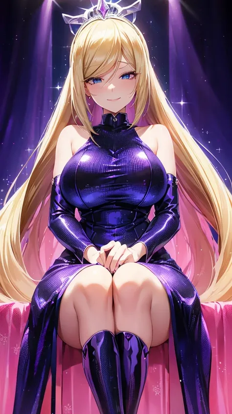 erotic、lusamine、blonde long twin tail voluminous 、 blue archive、big breasts、shiny black and purple and light blue sequin dress、p...