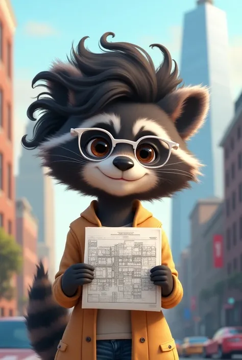 A animated, cute, feminine raccoon with a large, black, very curly hairstyle. The raccoon is wearing college cloths and white glasses. She is holding an architecture blueprint. The background contains a city with buildings.