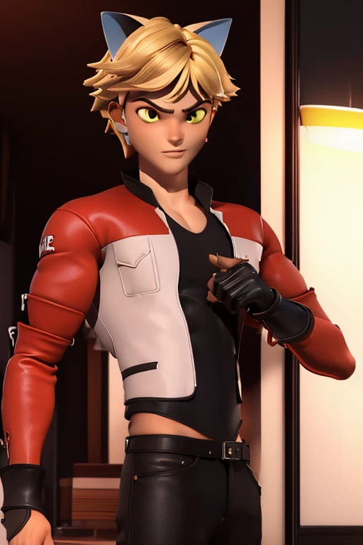 (Highly detailed CG), ( best quality), (Highly detailed CG), ( best quality), (Cat Noir), (Overall view) Xihua Street, A beautiful and attractive young man with a red leather jacket , beauties, Lean Muscle,  with a cool and handsome face, Sharp Eyes, Nippl...