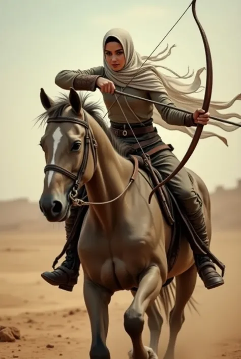 A Muslim teenage girl wearing a niqab niqab niqab holding a bow and arrow shooting arrows and riding a horse and the horse is running fast 
Create in side pose
