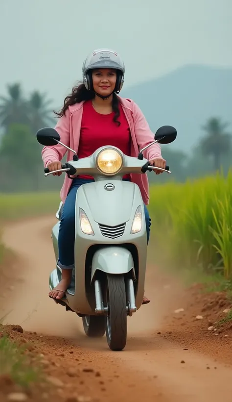 an Indonesian woman wearing a red t-shirt, pink hoodie jacket, riding a Vespa motorbike, on a dusty village road, going fast. right and left rice fields, front angle shot