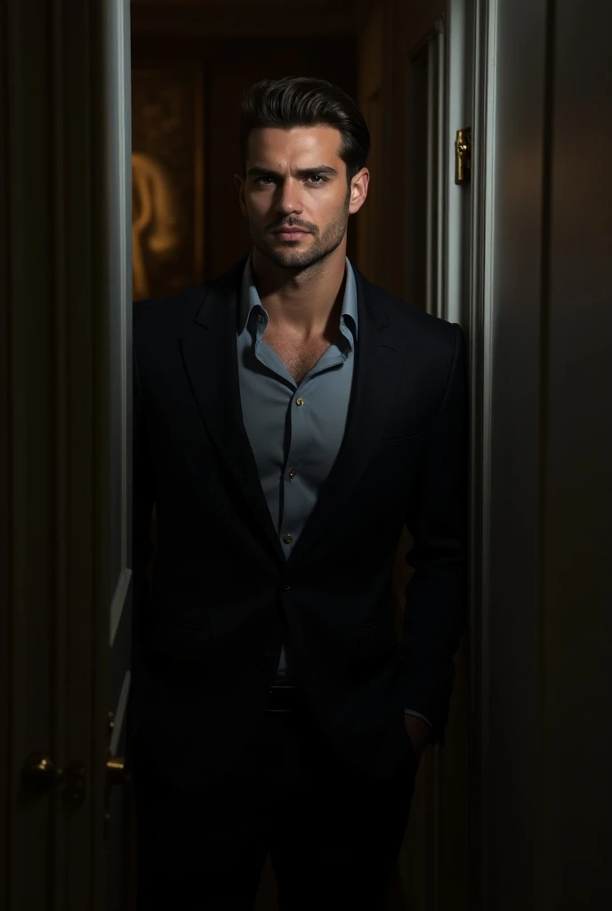 Tempting man in a suit with dark and mysterious eyes, man leaning against the doorstep with a seductive and mysterious look