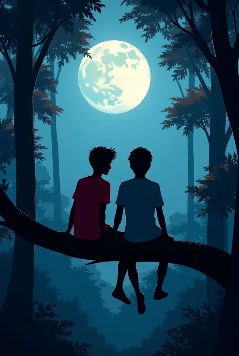 Shadows of two young men sitting on a tree in the middle of a forest, watching the moon. One is wearing a red shirt and the other is wearing a grey shirt.