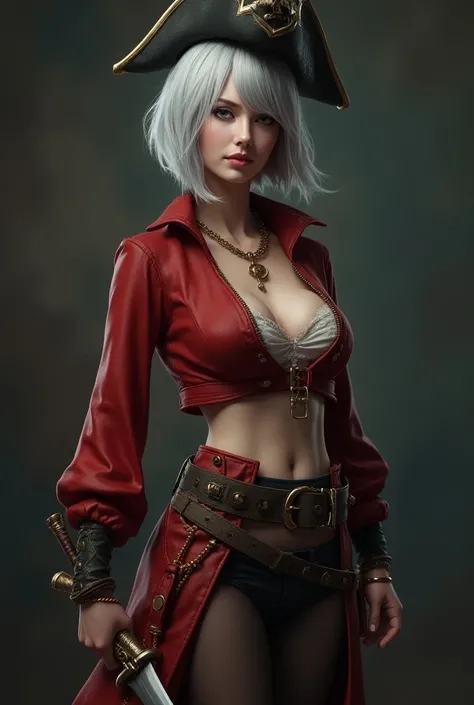 ((perfect anatomy:1.2, realistic:1.3, RAW Photography:1.3,masterpiece、highest quality、Ultra - High resolution、High resolution、Highly detailed CG、8K)), ((extremely realistic)), (ultra real), generate a highly realistic image of a female pirate, grey hair, s...