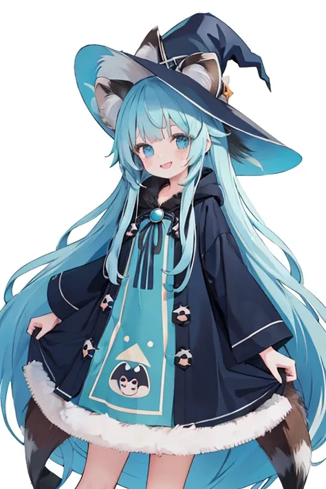 Cute Girl,Aqua Hair,Deep blue eyes with slanted eyes,Very long straight hair,(Raccoon Ears),(Witch Hat),Pumpkin Designs ,P-coat,smile, Looking at Viewer,White background