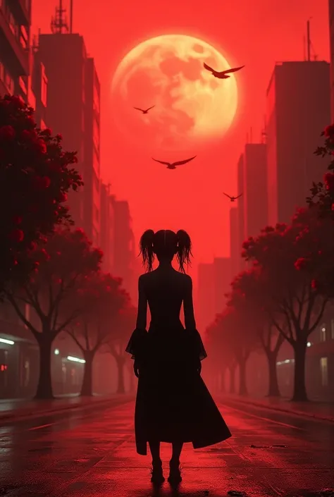  Martian city red sky 3 flying crows 。Red roses on city street trees 。 Cyberpunk beauty has twin tails in the center of the screen。