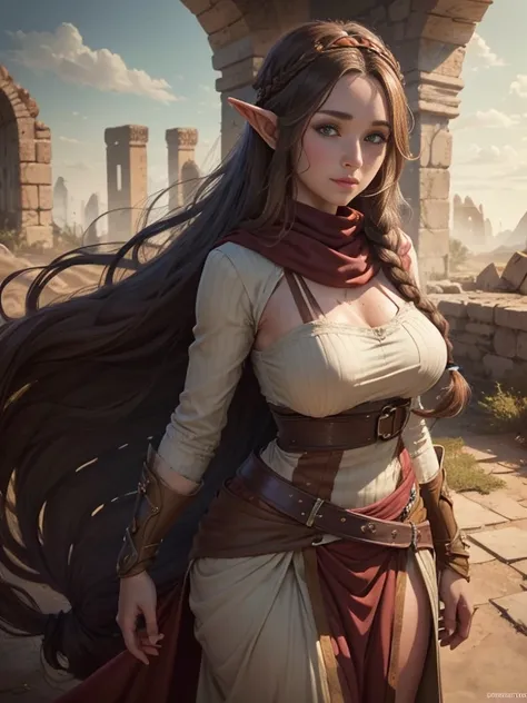 ((best quality))) (((HD))) (((8k))) (character) 20-year-old woman, ((adventurous)) elf, ((beautiful)) and ((happy)), ((brown hair)) and ((very long hair:1.5)), voluptuous and plump design,, large breasts, thick thighs, wide hips, ((long skirt)) and (long d...