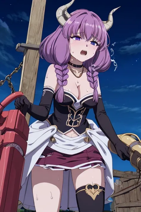 NSFW、Masterpiece、Best Quality、Detailed、8k、Night Sky, Aura、Conceit,  Guillotine Aura,  cleavage、Long Hair, ( purple eyes:1.1),  Purple Hair,  braid, horn, twin  braid, skirt, Thigh length, gloves,  choker,  black gloves,   Elbow Gloves、 dynamic angle、panic、...