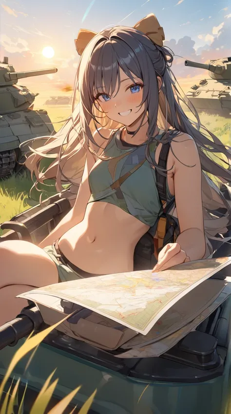 One Girl、Adventurous expression、Bright smile、Long Hair、 sitting in a tank canopy、Hall々A positive attitude、Small breasts、 holding a map in hand 、  
break、  
Sunrise light、（Warm colors:1.4）、 hopeful vibe 、 tank presence 、 artistic details 、 lively impression...