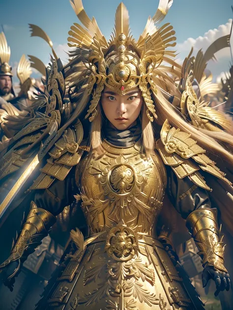 A fierce female warrior with flowing blonde hair, her face filled with determination and intensity. She raises her golden sword, pointing it forward, as if commanding her troops or challenging the enemy. Her intricately detailed golden armor and shield gle...