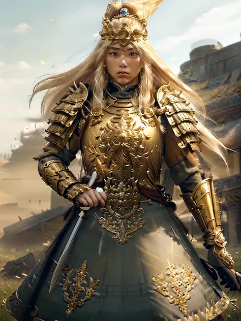 A fierce female warrior with flowing blonde hair, her face filled with determination and intensity. She raises her golden sword, pointing it forward, as if commanding her troops or challenging the enemy. Her intricately detailed golden armor and shield gle...