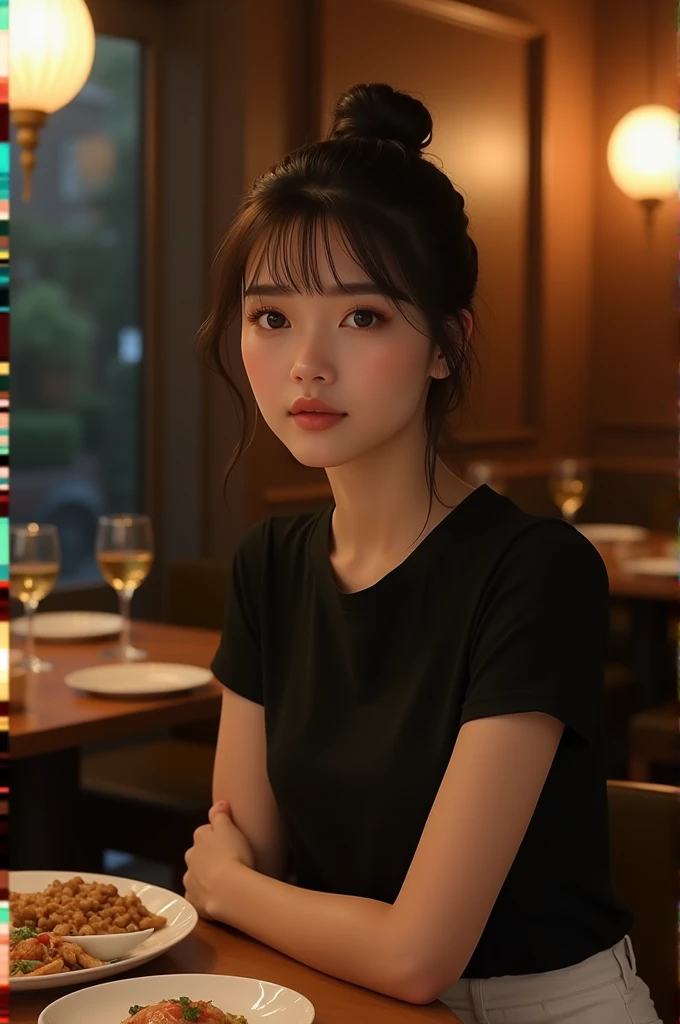 Thai woman with a handsome brunette Chinese hairstyle, 20 years old, wearing a black T-shirt, white trousers, sitting in a restaurant with food on the table at 20:00 pm 