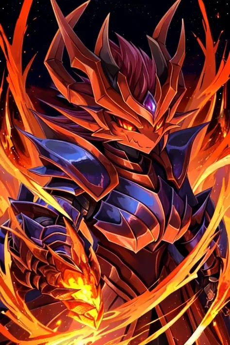 a close up of a demonic looking dragon with flames in the background, flame conjuring armored, draconic looking armor, fire demon, demonic dragon inspired armor, draconic, lava and fire goddess, dragon knight, demon armor, dragon armor, black fire color re...