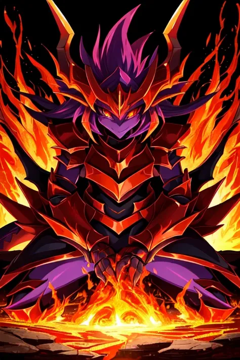 a close up of a demonic looking dragon with flames in the background, flame conjuring armored, draconic looking armor, fire demon, demonic dragon inspired armor, draconic, lava and fire goddess, dragon knight, demon armor, dragon armor, black fire color re...