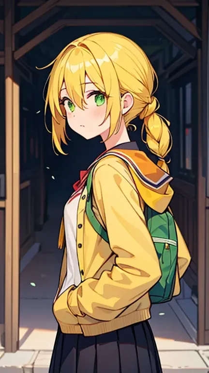 (( A girl with yellow hair tied back and green eyes)),((Dressed like a yellow college student )),bangs, hair between eyes 