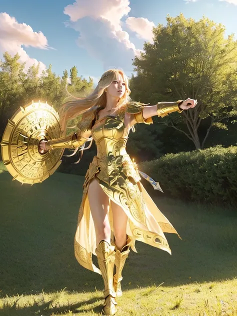 A fierce female warrior with flowing blonde hair, her face filled with determination and intensity. She raises her golden sword, pointing it forward, as if commanding her troops or challenging the enemy. Her intricately detailed golden armor and shield gle...