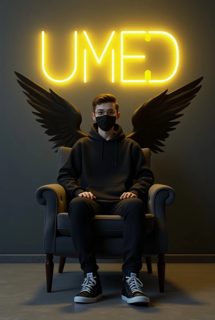 Create a 3D illusion for a profile picture where a 30 Year old cute boy in a black hoodie Sitting casually on a Wingback chair. Wearing sneakers, with black mask, and sunglasses, he looks ahead. The background features "Umed" in big and capital Yellow neon...