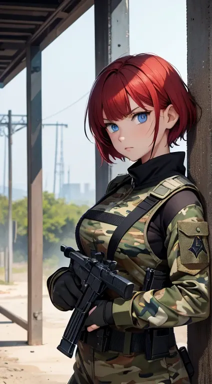 Young girl,  Short red hair , blue eyes, Military Camouflage Suit, Sleeveless, Open the abdomen, gun, Serious face, Masterpiece, high quality