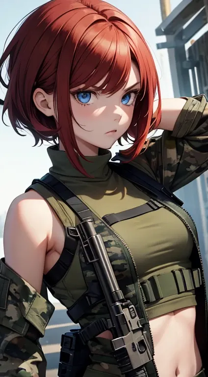 Young girl,  Short red hair , blue eyes, Military Camouflage Suit, Sleeveless, Open the abdomen, gun, Serious face, Masterpiece, high quality