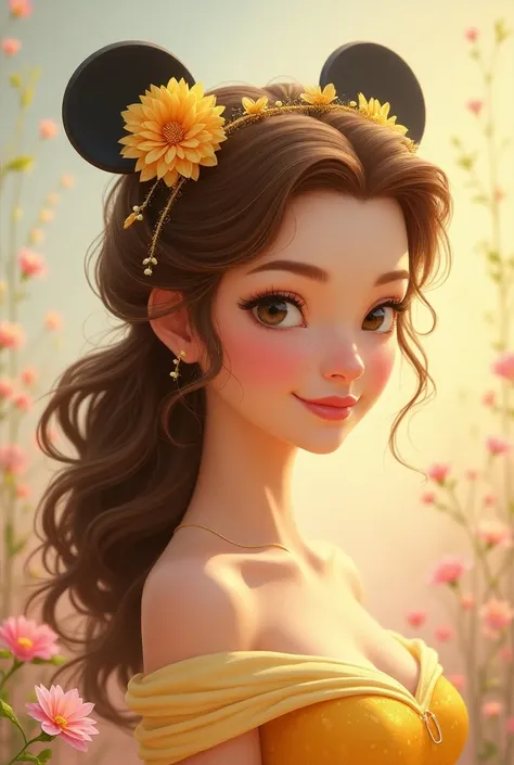 Disneys Belle character, Wearing a headband in her hair with Minnie Mouse ears. 