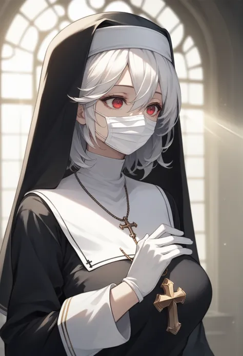 Anime-style character with short permed hair and wearing a white mask, score_9, score_8_up, score_7_up, score_6_up, neolight, backlighting, light rays, 1girl, adult woman, beautiful, best perfect anatomy, A pale anime mature woman, nun (black nun habit, wh...