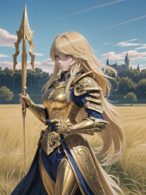 A fierce female warrior with flowing blonde hair, her face filled with determination and intensity. She raises her golden sword, pointing it forward, as if commanding her troops or challenging the enemy. Her intricately detailed golden armor and shield gle...