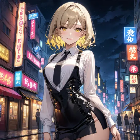 Sexy beauty, white shirt , Black tie, A light smile, Yellow Eyes,building,Town Street, Dark Skies, scenery,Neon Signs,Night City,  complicated details,３０age、Kinky clothes