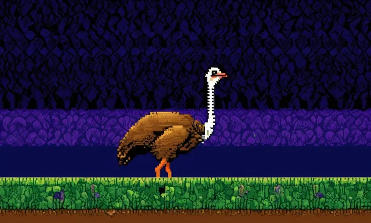 (1 ostrich,1 vulture,knight,8bit,8-bit,arcade,joust,classic video game,fantasy,medieval,pixelated,pixel art,retro,vintage,vibrant colors,dynamic composition,high contrast,dramatic lighting)
