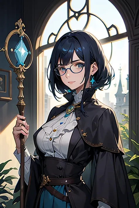 young girl, confused expression and a subtle smile, short dark blue hair with subtle turquoise fade, blueish eyes, round circular glasses, wearing an elegant dark blue and golden medieval outfit with adornments and details at the chest region, wielding a m...