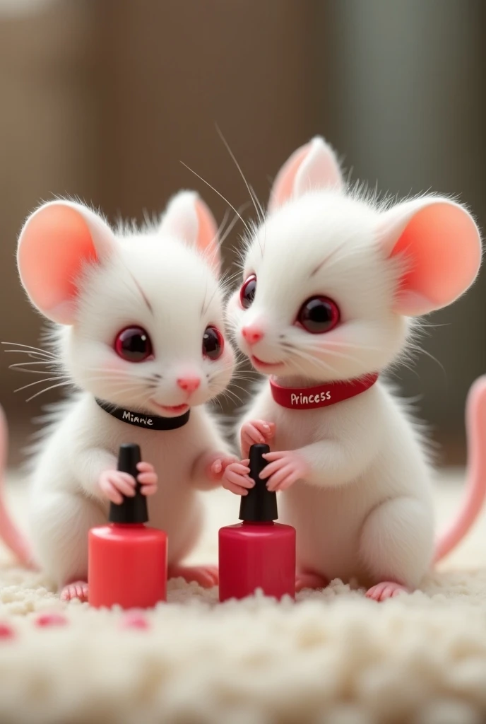 Deux petits rats blancs avec les yeux rouges avec un collier chacun un ecris minnie et lautre princesse en train de jouer avec des  vernis