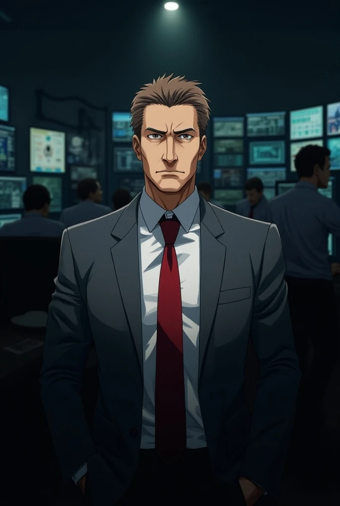 Middle-aged man, shady government worker, brown hair, grey business suit with a loose red tie, strong authority facial expression, works in a secret government agency with a bunch of monitors and assistants in the background, anime art style.