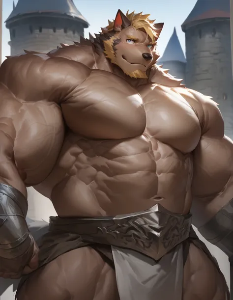 by_lindong, solo, 1boy, semirealistic:1.2, huge muscular furry wolf, black furr, full body, knight, topless, castle background, ...