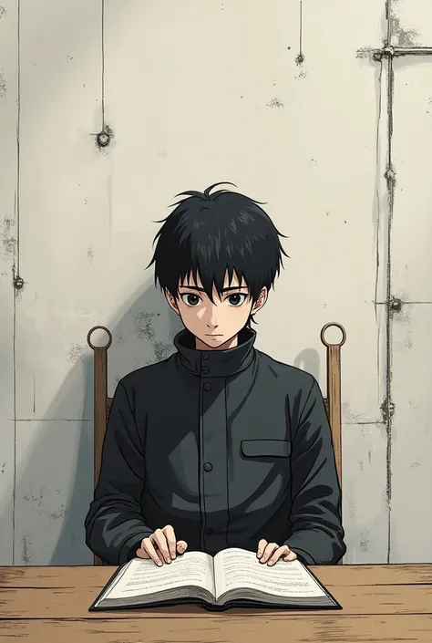 anime boy sitting at a table with a book , manga style of kentaro miura, ( ( ( yoshinari yoh ) ) ), tsutomu nihei style, kentaro miura manga style, kentaro miura manga art style, in manga style, from yowamushi pedal, mix styles of tsutomu nihei