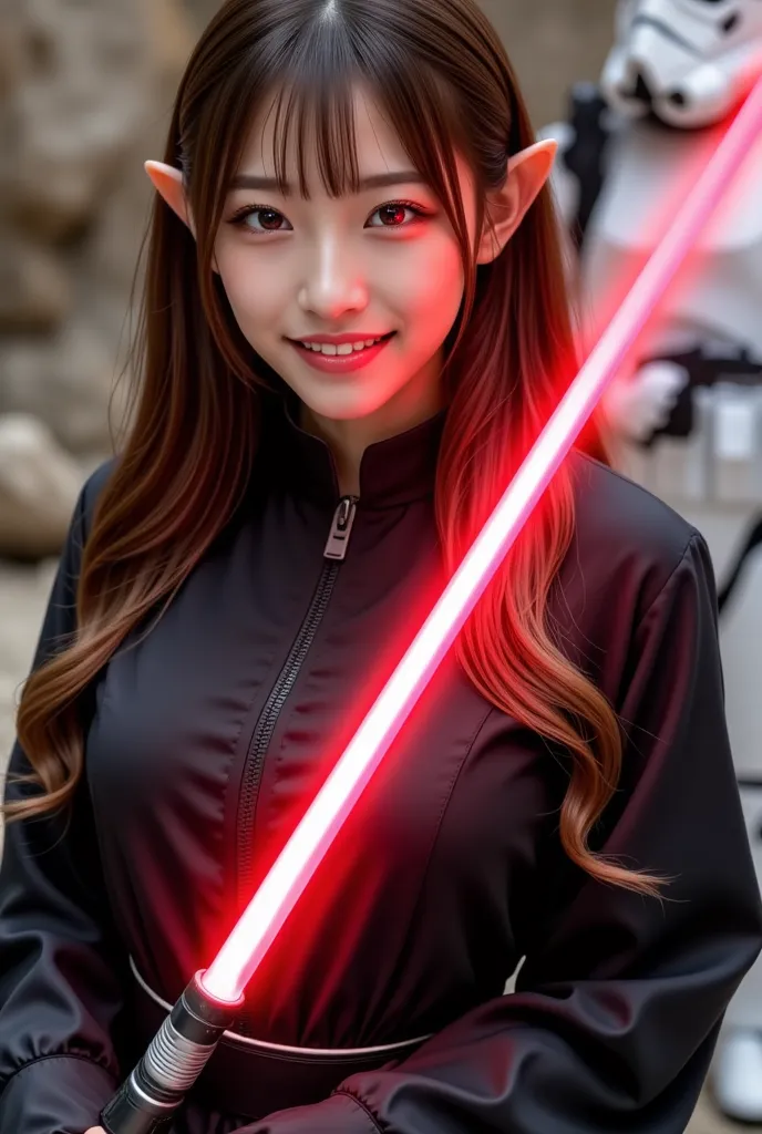 One girl, gal, very long hair、wavy hair、evil smile、heavy makeup、pointy ears、Red glowing eyes、
Red glowing lightsaber, beautiful girls , stylish,Black Sith costume , is a stormtrooper in the back,Blaster,Planet Hoth、Best Quality、 Super beautiful images