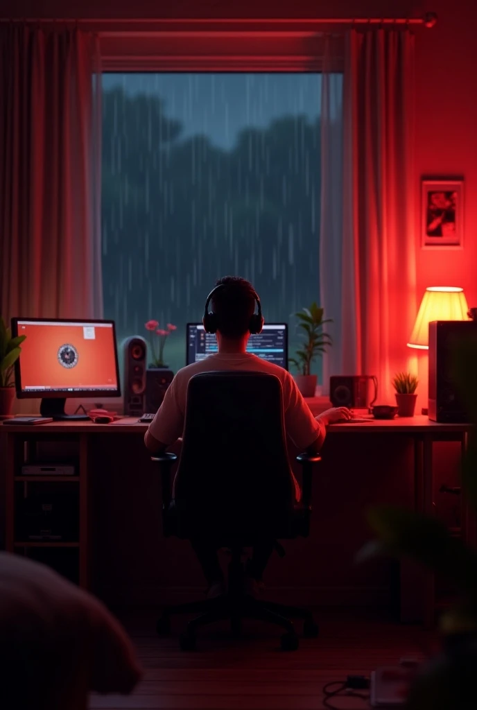 A  sits at his desk ，Listen to music with headphones on，Relaxing and comfortable atmosphere in a night bedroom setting with red neon lights and rainy weather