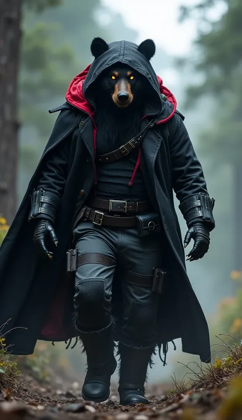  A hybrid of an Andean bear with Avenger ,  of dark and menacing appearance is wrapped in a flowing black cloak ,  who seems to merge with a dark and supernatural substance that surrounds him .  He wears a long coat with a hood ,  red on the edges ,  that ...