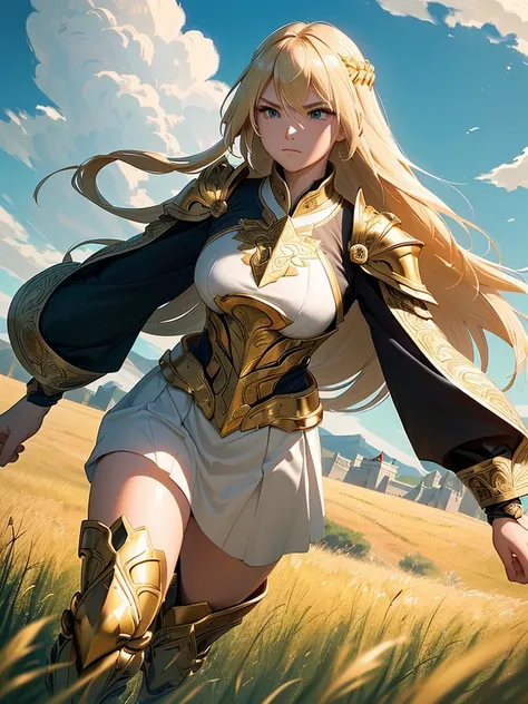 A fierce female warrior with flowing blonde hair, her face filled with determination and intensity. She raises her golden sword, pointing it forward, as if commanding her troops or challenging the enemy. Her intricately detailed golden armor and shield gle...