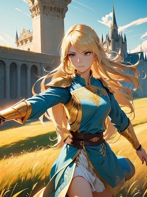 A fierce female warrior with flowing blonde hair, her face filled with determination and intensity. She raises her golden sword, pointing it forward, as if commanding her troops or challenging the enemy. Her intricately detailed golden armor and shield gle...