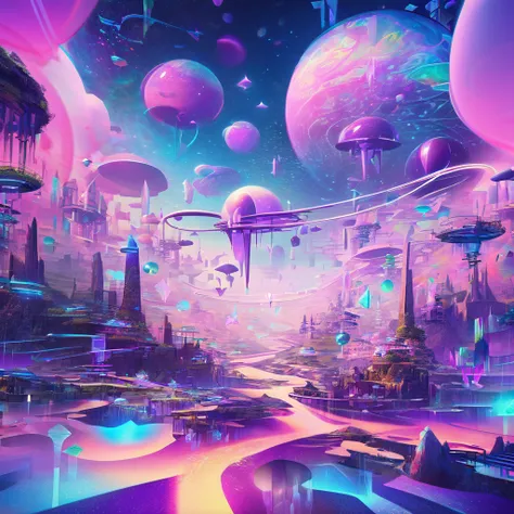 A purple baby robot figure hovers in the surreal landscape of the Metaverse, where dreamlike elements such as floating islands, swirling galaxies and glowing geometric shapes combine with sophisticated digital architecture. The line between reality and ima...