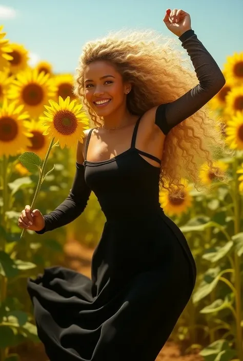 A beautiful mixed-toffee woman with long blond hair very very curly, She have extremely clear detailed yellow eyes, She runs in the sunflower field and holds a sunflower flower in her right hand, she wears a long sexy black dress with a very tight long sle...